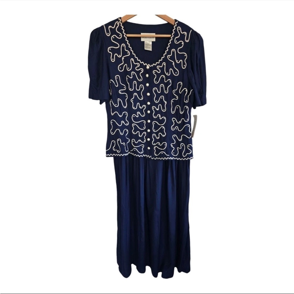 Vintage Plaza South Maxi Dress Blue Sz 16 Prairie Beaded Pearls Embroidery Boho